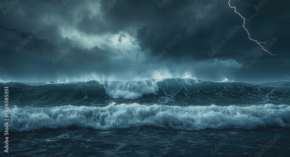 Fototapeta premium Wild ocean waves beneath a stormy dark sky digital art background