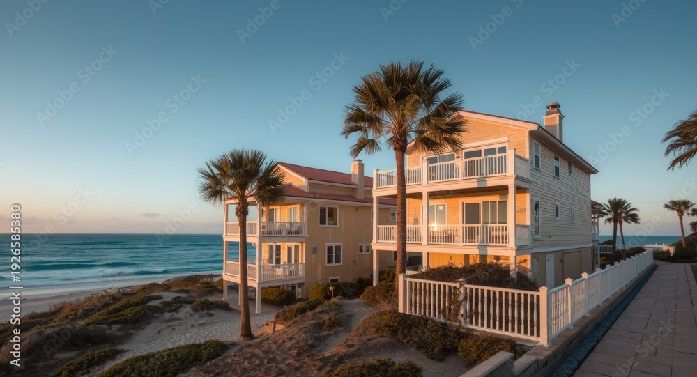Obraz premium Three story coastal houses with balcony views and palms beside sandy beach walkway