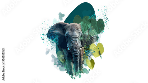 Artistic depiction of an elephant, surrounded by splashes of color and greenery on white