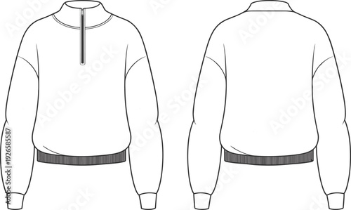 Blank sweatshirt mockup vector with front and back views, long sleeve quarter zip pullover template, apparel outline illustration for fashion design, branding, merchandising, and clothing presentation