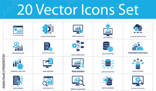 Data analytics solid icons set. Web analytics, data mining, cloud infrastructure, trend discovery, user segmentation, dashboard. Big data analysis solid icons collection