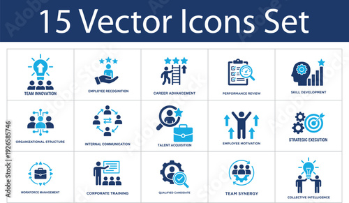 Human resources solid icons set. Employee recognition, talent acquisition, career advancement, team synergy, corporate training. Workforce management solid icons collection