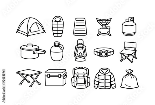 Outdoor wilderness camping gear: dome tent, sleeping bag, sleeping pad, camp stove, fuel canister, cooking pot, water canteen, lantern, headlamp