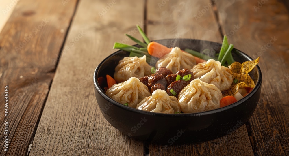 Fototapeta premium Hot steaming bowl of dumplings with meat filling and fresh produce on wooden table