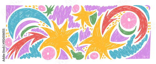 Stars, irregular blobs, arrows crayon drawn set. Kindergarten chalk elements doodle isolated on white background. Kid twinkles dynamic elements. Vector illustration by colorful pastel pencil no bg.