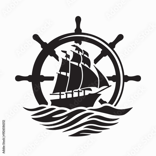 Sailing Ship Wheel Minimal Logo Vector Graphic on white Background