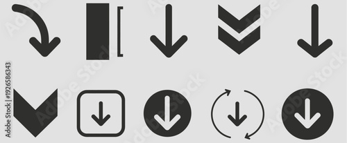 Set of dark gray vector download and downward arrow icons, including simple, double-headed, circular, and framed styles, ideal for web design and user interface elements.