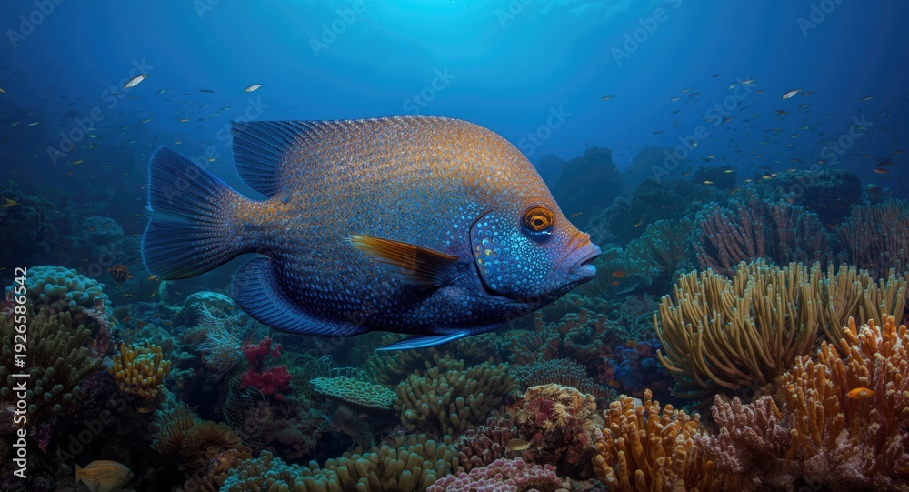 Fototapeta premium Majestic Myliobatidae fish in colorful coral reef ecosystem