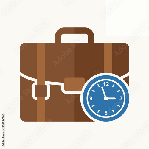 Brown leather suitcase with clock illustration in retro style