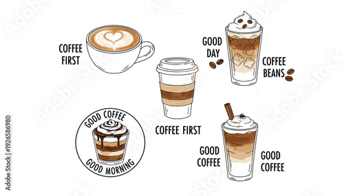 Coffee drinks vector set with hand drawn latte iced coffee and takeaway cup icons for cafe menu design