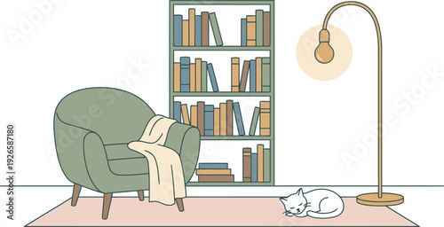 A warm and inviting reading nook with a comfortable armchair a bookshelf and a sleeping cat