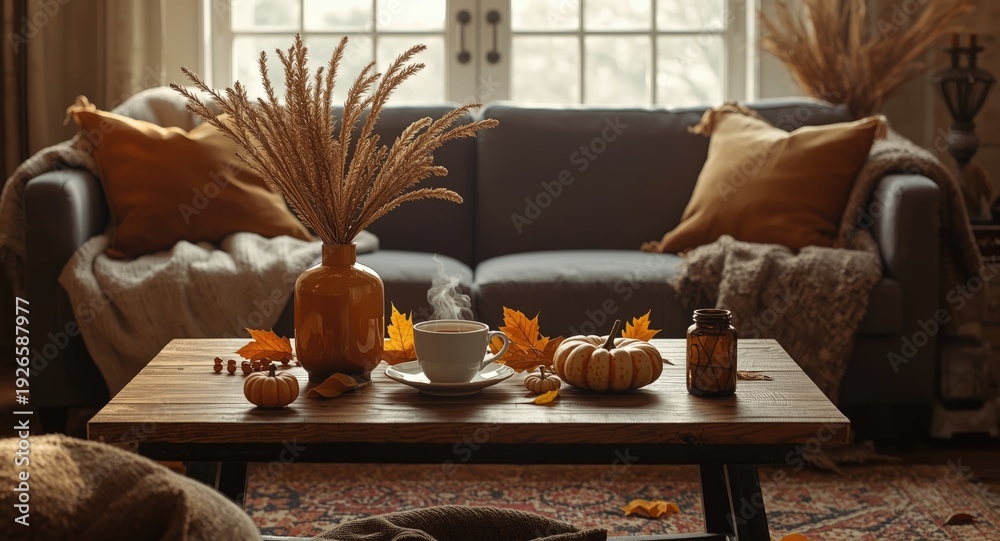 Fototapeta premium Tranquil fall coffee table setup for cozy cold season home environment