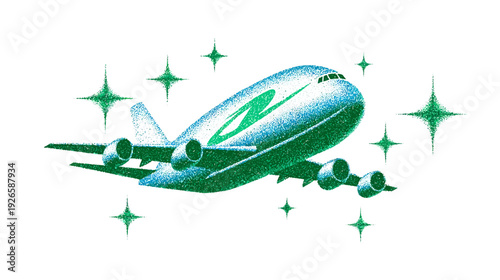 A stylized airplane illustration with a speckled texture, adorned with star-shaped sparkling elements
