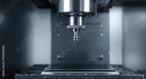 Metalworking CNC milling spindle brightly lit in foreground with reserved text area