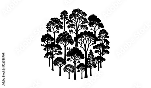 Abstract tree silhouette circle forest design vector with decorative birds and unique canopy patterns