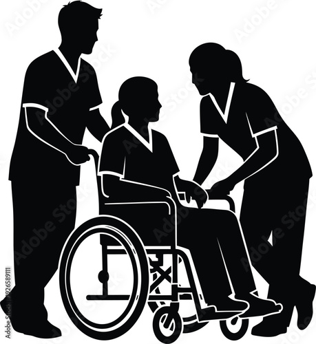Healthcare workers assisting a patient in a wheelchair