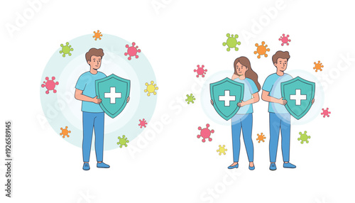 Man holding medical protection shield vector illustration for healthcare immunity safety and disease prevention concept isolated on white