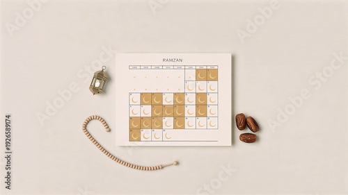 Minimal flat lay of a Ramzan calendar with fasting days clearly marked presenting a clean modern concept that reflects planning devotion and mindful observance during the holy month