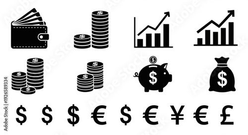 Set of business vector icons featuring money coins currency and finance symbols
