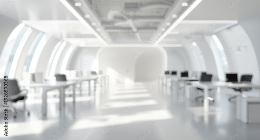 Fototapeta premium Blurred 3D rendering of a white interior modern open workspace with complete furnishings for design background concepts
