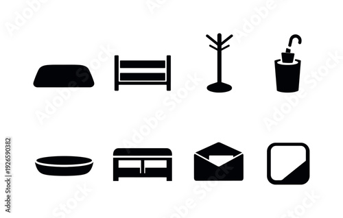 Home entryway essentials: doormat, shoe rack, coat rack, umbrella stand, wall mirror, key tray, storage bench, mail holder