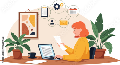 Remote customer support at a home office desk with a laptop and documents. Illustration of a female freelancer managing tasks and communication.