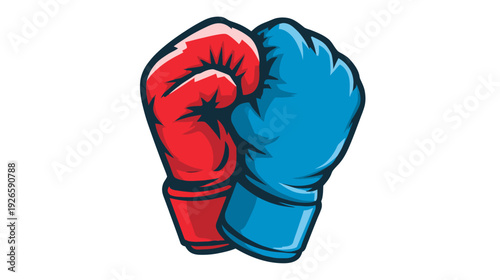 Illustration featuring overlapping boxing gloves in red and blue with dark outlines, isolated on white
