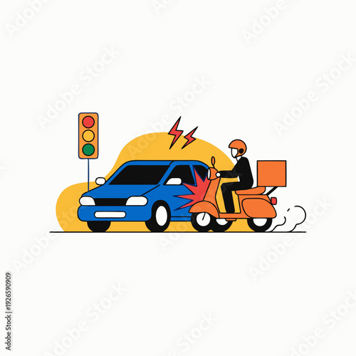 Accident on road with car and scooter, traffic light and warning signals