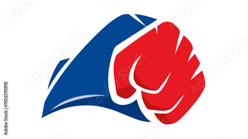A graphic symbol featuring a red fist, emphasized with shadows, complemented by a blue abstract design