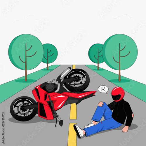 motorcycle accident aftermath on empty road, injured rider sitting near crashed bike, traffic safety and road hazard concept