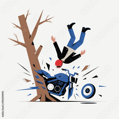 biker crashing into roadside tree with severe impact, rider thrown off motorcycle during high speed accident, dangerous road collision illustration