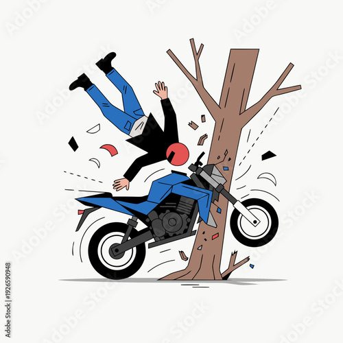 motorcycle crashing into tree with rider ejected, high speed impact accident scene, dangerous road collision and injury risk concept