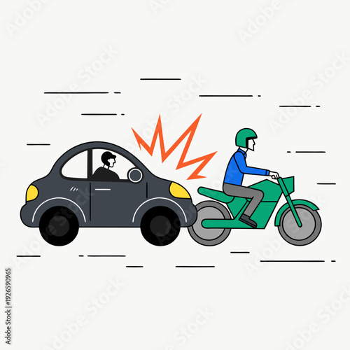 vehicle hitting motorcycle from behind on road, rear end traffic collision scene, rider impact accident and transport safety concept