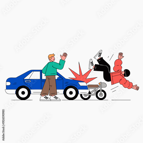 rear end crash where motorbike hits car bumper, rider thrown forward from sudden impact, roadside accident scene, bike accident, motor bike accident, traffic danger