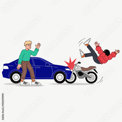 motorcycle crashes into parked car, rider thrown backward after impact, unexpected roadside collision scene, bike accident, motor bike accident, traffic risk concept
