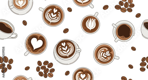 Coffee latte art seamless pattern with espresso cups and coffee beans on transparent background for cafe branding design