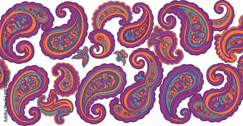 Colorful paisley pattern with intricate floral motifs and purple orange blue swirls on transparent background for textile