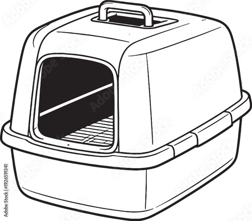 Covered Cat Litter Box Black and White Line Art Vector Illustration