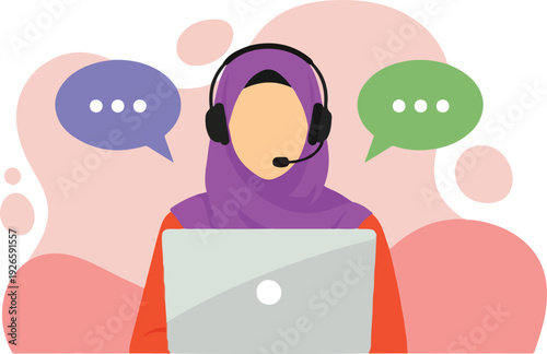 A Muslim woman in a hijab and headset works on a laptop for customer service. Concept of online support and communication.