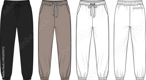 Men Women Joggers Sweatpants Technical Flat Sketch with Elastic Waistband Drawstring Pockets Detail Cad Drawing Flat Vector Illustration for Fashion Design
