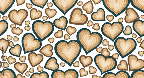 Latte art heart seamless pattern with coffee foam texture in brown and beige colors for cafe wallpaper and textile use