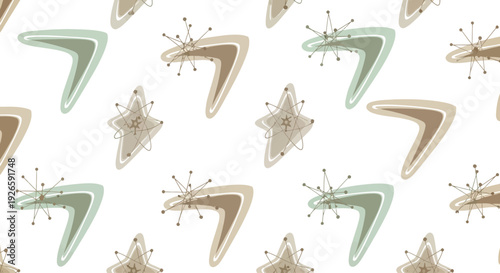 Mid century modern atomic age seamless pattern with boomerang and star shapes in muted vintage colors for retro designs