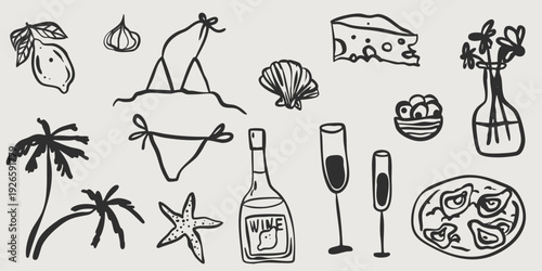 Italian hand drawn vector doodle sketch cafe food illustration set. Summer dinner menu ingredients in minimalist style. Line restaurant vintage retro drawing set. Holiday picnic brunch collection