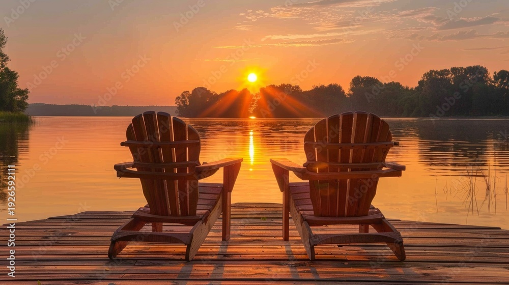 Fototapeta premium Two empty wooden chairs by the lake at sunset convey peace and harmony with nature — an excellent backdrop for tourist offers and meditative practices.