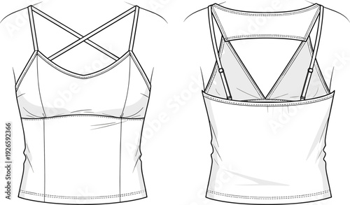 Women spaghetti strap camisole flat fashion sketch with crisscross front and cutout back detail, technical CAD drawing flat vector illustration