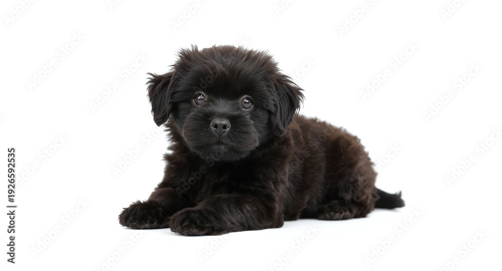 Fototapeta premium Cute black dog sitting on a smooth white background