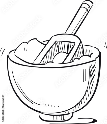 Cooking doodle. Wooden ladle in bowl. Food ingredient