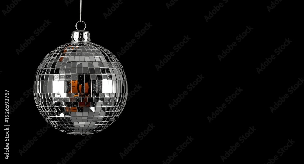 Obraz premium Suspended festive disco ball ornament with shimmering light reflections on deep black background