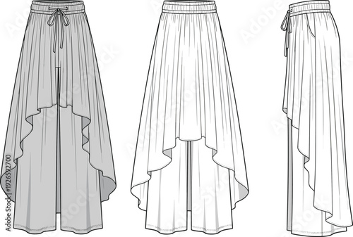 Fashion CAD Drawing Flat Vector Illustration of Women's Racerback Crop Top, Elegant Bodysuits, High Low Skirt, Handkerchief Dress, and Tote Bag (22 words)