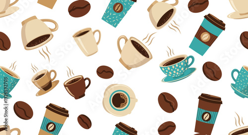 Various coffee cups and beans scattered randomly on a transparent background coffee shop theme vector